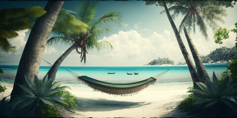 Fototapeta premium Hammock between palm trees on a paradise beach, generative ai