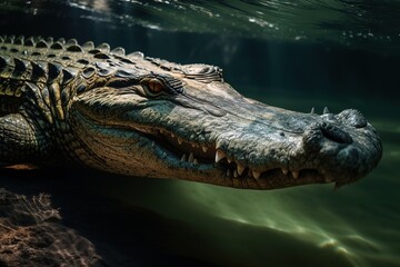 Fototapeta premium A fierce and intimidating Saltwater Crocodile lurking in the water, showing off its fierce and intimidating nature. Generative AI