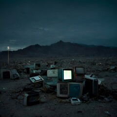 In a desolate and forgotten wasteland, mountains of discarded electronic devices rise up like twisted monuments to a world that has long since passed. Created by using generative AI. - obrazy, fototapety, plakaty