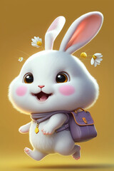 Obraz na płótnie Canvas white rabbit with backpacker bag on yellow background. generative ai.