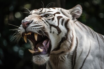 A fierce and majestic White Bengal Tiger roaring - This White Bengal Tiger is roaring, showing off its fierce and majestic nature. Generative AI