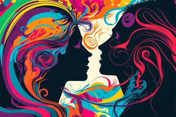 Couple embraced on a background of bright and swirling colors, illuminating the passion and love of a youth. Style : Passionate, intense. Bright, vibrant colors. Generative AI