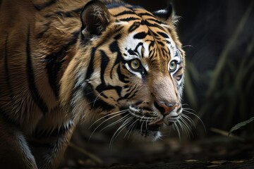 A fierce and powerful Bengal Tiger stalking its prey - This Bengal Tiger is stalking its prey, showing off its fierce and powerful nature. Generative AI