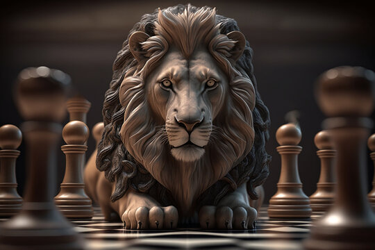 The Royal Lion King and chess pieces on a chess board, winner of bussiness and successfully, management or leadership strategy and teamwork concept. Generative Ai