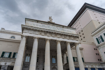Monumental entrance to the Genoa Opera House Carlo Felice, Italy