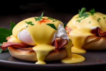 Close-up of eggs Benedict on a dark plate. Poached eggs on a bun and crispy bacon with a creamy hollandaise sauce. Food background. The image is AI generated.