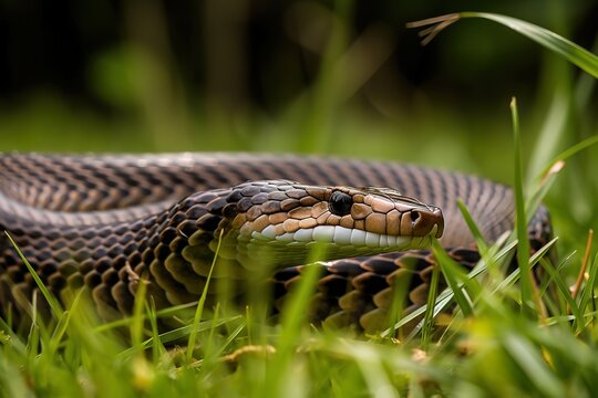 A fierce and powerful King Cobra slithering through the grass, showing off its fierce and powerful nature. Generative AI