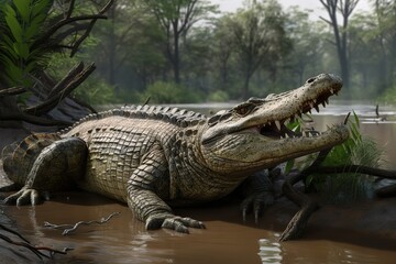 Obraz premium A fierce and predatory crocodile basking on a riverbank Generative AI