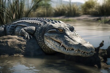 Obraz premium A fierce and predatory crocodile basking on a riverbank Generative AI
