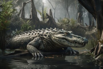 Obraz premium A fierce and predatory crocodile basking on a riverbank Generative AI