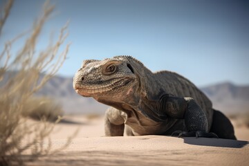 Obraz premium A fierce and predatory komodo dragon in the desert Generative AI