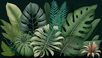 Various tropical leaves, such as palm leaves, monstera and ferns using generative art