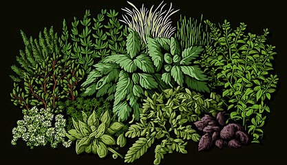 Herb Garden, various herbs, such as basil, thyme, and rosemary using generative art