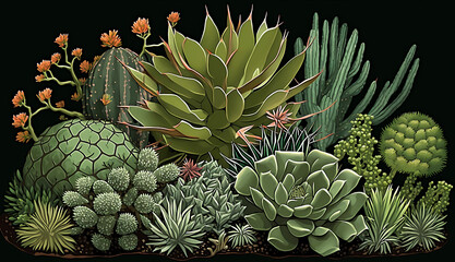 Succulent Garden, various succulents, such as cacti and aloevera using generative art