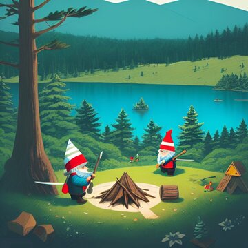 woodcutter gnomes in the woods - great for website, email, screensaver, presentation, advertisement, image, poster, placard, postcard, card, t-shirt, generative AI