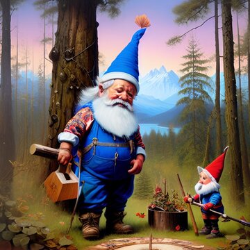 woodcutter gnomes in the woods - great for website, email, screensaver, presentation, advertisement, image, poster, placard, postcard, card, t-shirt, generative AI