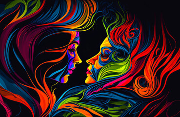 Brightly colored and stylized illustration of a young couple embracing. Ideal for promoting products or campaigns related to romance and relationships. Generative AI