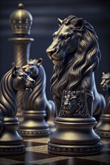Fototapeta na wymiar The Royal Lion King chess pieces on a chess board, winner of bussiness and successfully, management or leadership strategy and teamwork concept. Generative Ai