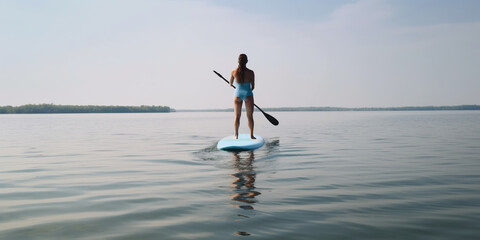 Rear view of person on paddleboard, created with Generative AI technology
