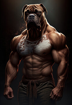 Fitness and bodybuilding concept. Portrait of a strong male boxer dog with a big muscles. Ai generative