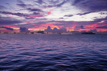A panoramic view from the seascape perspective on a huge bay filled with cruisers. Saint Petersburg, Russia.