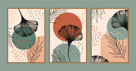 Botanical wall art vector set. Earth tone boho foliage line art drawing with abstract shape. Ginkgo Plant Art design for print, cover, wallpaper, Minimal and  natural wall art. © Любовь Овсянникова