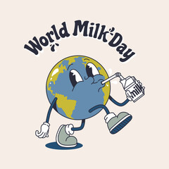 Poster World Milk Day, 1 June in trendy groovy style. Earth is drinking milk. Funny vector earth character and mascot. 
