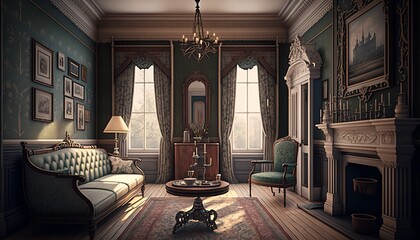 Traditional victorian interior style living room with leather couch, armchair, and fireplace. Generative AI