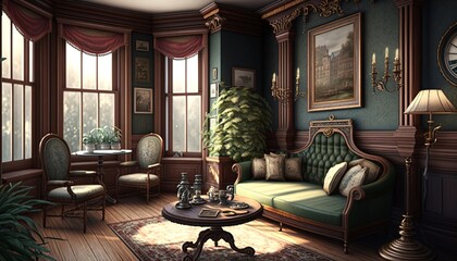 Traditional victorian interior style living room with leather couch, armchair, and fireplace. Generative AI