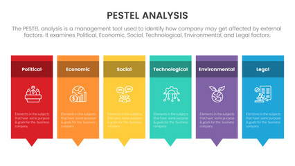 pestel business analysis tool framework infographic with long box banner balanced symmetric 6 point stages concept for slide presentation