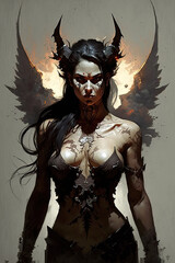 beautiful sexy devil girl with horns and wings. Generative AI illustration
