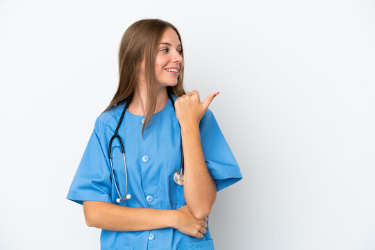 Young Surgeon Doctor Lithuanian Woman Isolated On White Background Pointing To The Side To Present A Product