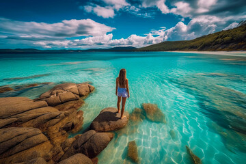 Fototapeta na wymiar Girl standing on rocks looking out at the beautiful turquoise sea