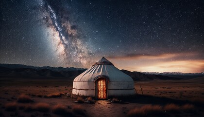 Traditional mongolian yurt at night under the milky way with mountains in the background. Generative AI - obrazy, fototapety, plakaty
