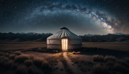 Traditional mongolian yurt at night under the milky way with mountains in the background. Generative AI