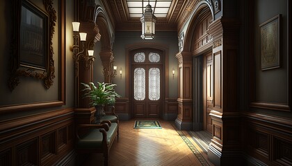 Fototapeta na wymiar Victorian interior style hallway with potted plants, wooden furnitures, and door. Generative AI