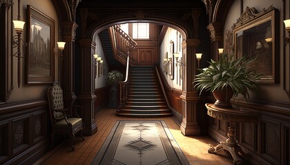 Victorian interior style hallway with wooden furnitures, and staircase with handrail. Generative AI