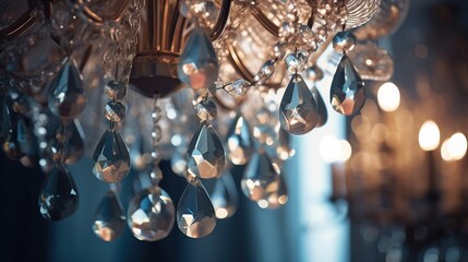  a chandelier hanging from a ceiling with lots of crystal drops hanging from it's centerpiece, in a dark room with a chandelier in the background.  generative ai - obrazy, fototapety, plakaty