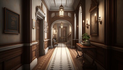 Victorian interior style hallway with potted plants, wooden furnitures, and door. Generative AI