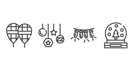winter outline icons set. thin line icons sheet included snowshoes, bauble, lights, snow globe vector.