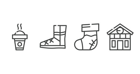 winter outline icons set. thin line icons sheet included hot drink, winter boots, christmas sock, chalet vector.
