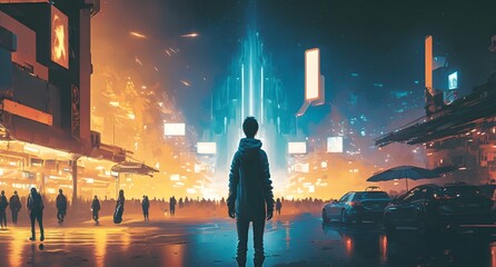 man standing on street looking at futuristic city at night, sci-fi concept, illustration painting, Generative AI
