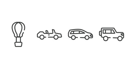 transportation outline icons set. thin line icons sheet included hot air, convertible, station wagon, 4x4 vector.