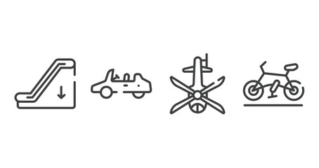 transportation outline icons set. thin line icons sheet included or down, convertible car, helicopter black shape top view, road bike vector.