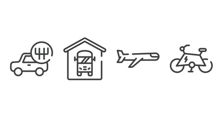 vehicles transport outline icons set. thin line icons sheet included shift, bus depot, airplane, electric bike vector.