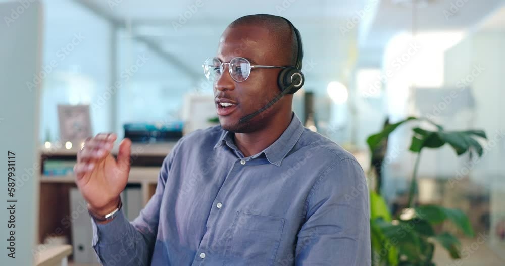 Aufkleber Call center, talking and black man, agent or consultant with virtual communication, tech support or ecommerce web service. Business person speaking in office on desktop computer in telecom consulting