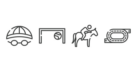 running outline icons set. thin line icons sheet included swimming hat, football goal, horse riding, race track vector.