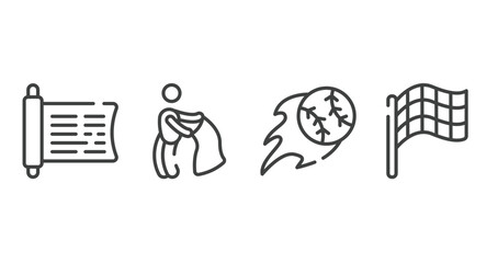sport outline icons set. thin line icons sheet included sacred scriptures, bullfight, home run, race flag vector.