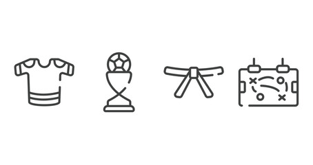 soccer outline icons set. thin line icons sheet included t-shirts, football trophy, black belt, tactic vector. - obrazy, fototapety, plakaty