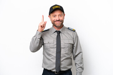 Middle age security man isolated on white background pointing with the index finger a great idea